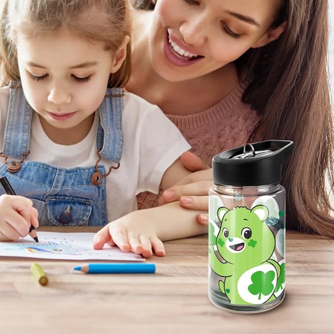 LOGOVISION Care Bears Kids Tritan Plastic Water Bottle with Straw Lid and Handle, Reusable Tumbler for Toddlers, Unisex for Girls and Boys, 12oz, Good Luck Bear Belly Pattern