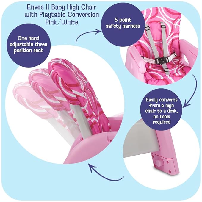 Badger Basket Envee II Convertible Baby High Chair – Infant Feeding Seat, Booster, and Toddler Desk with Tray and Cushion – Pink/White