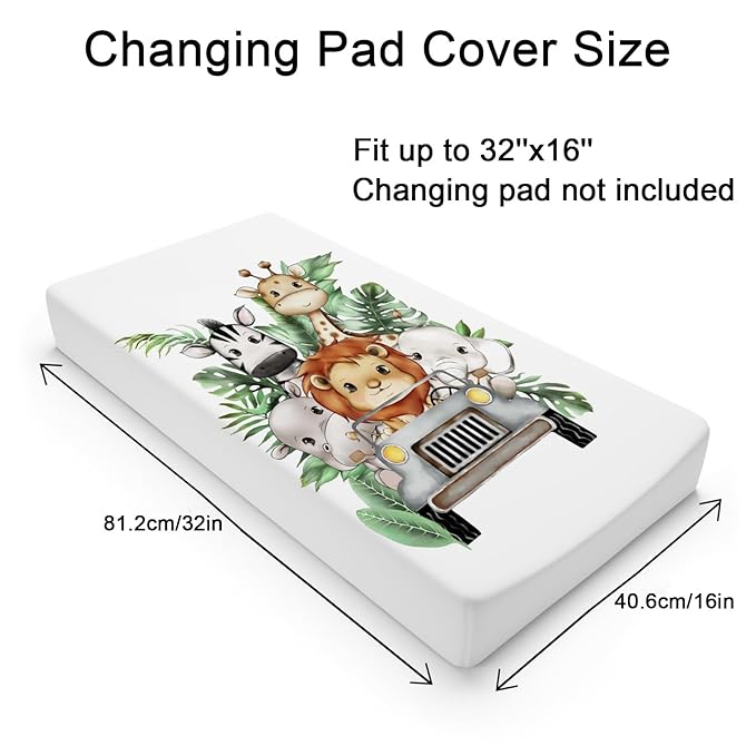 Jungle Safari Animals Truck Tropical Leaves Changing Pad Cover Lion Elephant Zebra Giraffe Hippo Diaper Change Table Sheets for Girl and Boy Soft Stretchy Fitted Changing Mat Sheets 32''x16''