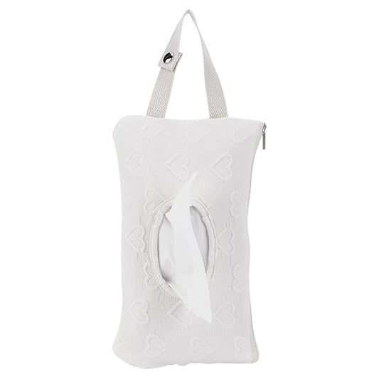Quilted Baby Diaper and Wipes Pouch Portable Mommy Bag for Stroller Reusable Wipes Pouch with Lanyard (White Heart)
