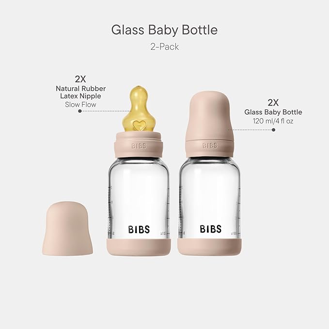 BIBS Glass Baby Bottles 2-Pack, 4 Oz. Anti-Colic System for Gas Reduction. Vented Round Natural Rubber Latex Nipple. Supports Infant and Newborn Breastfeeding - 120 ml (Pack of 2), Blush