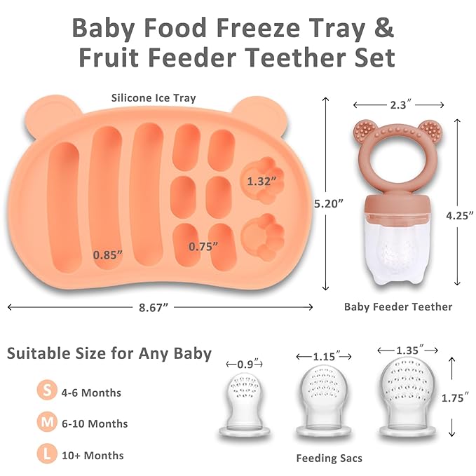 JEXFUN Silicone Baby Fruit Food Feeder Pacifier & Freezer Tray Set, Breastmilk Popsicle Mold for Teething, Silicone Baby Food Storage Containers for Baby Teething & Infant Self Feeding, BPA Free