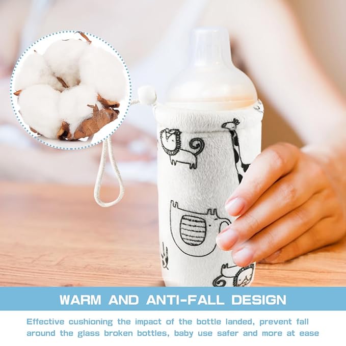 Infant Bottle Cover Thick Lambswool Keep Warm Baby Drinking Sleeve with Lanyard Baby Glass Bottle Insulator Soft Baby Bottle Protector for 300ml Bottle,2Pcs White