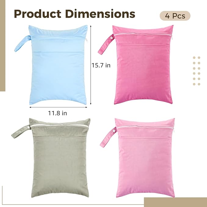 4 Pcs Wet Bags Set, Double Zipper Waterproof Nappy Bag, 11.8 x 15.7 In, Swim Wet Bags with Handle, Reusable Wet Dry Bags for Cloth Nappies, Travel, Multicolor