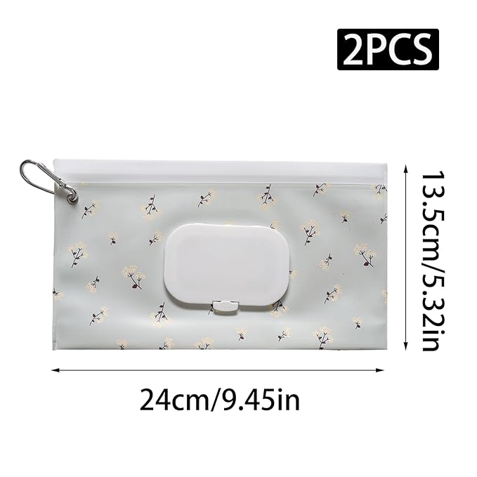 2 Pack Wipes Dispenser, Portable Wipe Container with Hanging Loop, Refillable Wet Wipes Pouch for Hiking, Traveling, Outdoor Outing or Camping (Floral)