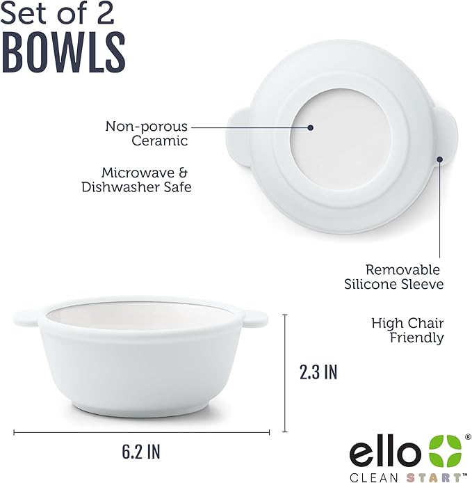 Ello Clean Start Toddler Bowls 2 Pack | Ceramic Kids/Baby Bowls with Silicone Sleeves | BPA-Free, Plastic-Free | Microwave & Dishwasher Safe | High Chair Friendly, Stackable | Quiet Tide/Tech Blue