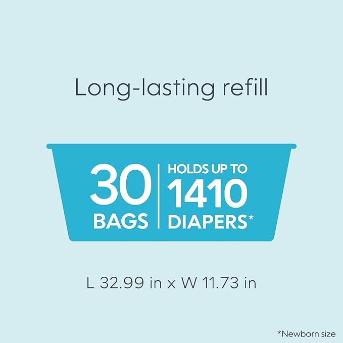 Diaper Genie Easy Roll Refill, 30 Bags Per Refill, Holds Up to 1410 Newborn Diapers| Odor Control| Diaper Pail-Bags, Fits-Genie Signature & Platinum Pails, (Pack of 2)