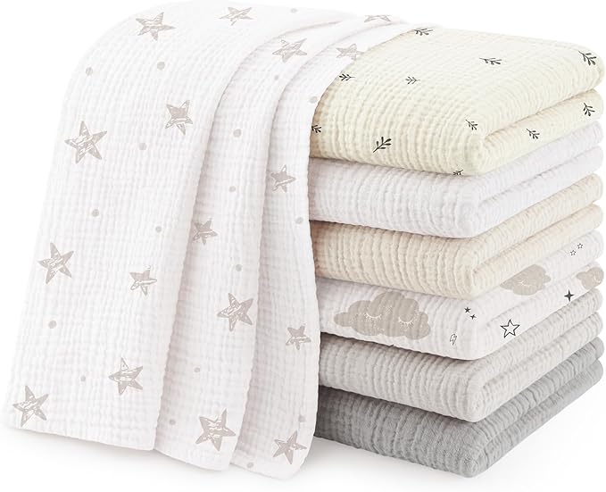 Susurration Muslin Burp Cloths 24x24 Inches Ultra Soft 100% Cotton, 4 or 7 Pack Baby Washcloths for Newborn, Absorbent Burp Rags & Swaddle Blankets