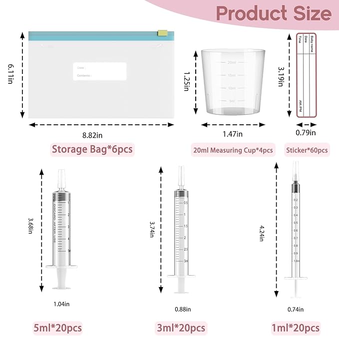 60 Sets 1/3/5Ml Colostrum Collector Kit Include 1/3/5ml*20 No Needle Sterile Syringes with Cap, 4 Measuring Cup, 6 Zip-lock Storage Bags, 60 Labels for Breast Milk Collector