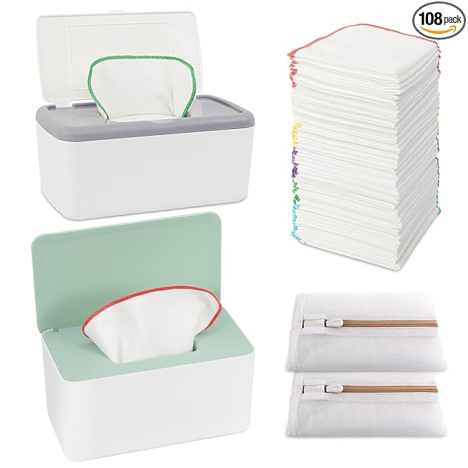 108 Packs Flannel Cloth Baby Wipes with Dispenser, Reusable Natural Skin-friendly Baby Wipes, Body Face Hand Washcloth Essential for Cloth Diapers 8x8 inch