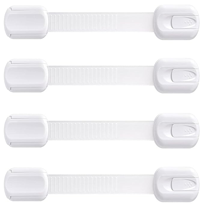 Booboo Baby (4 Pack) Child Proof Refrigerator Lock Fridge Door Locks | Baby Proof Cabinet Drawers, Dishwasher, Garbage Trash Can & Cupboards with 3M Adhesive Locks| Easy Installation No Tools Needed