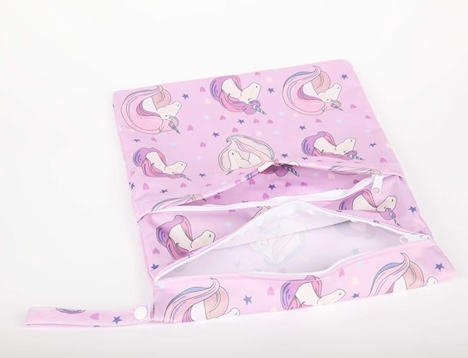 2 Wet Bags Reusable Diaper With Two Zippered Pockets For Girls (Flamingo and Horse)