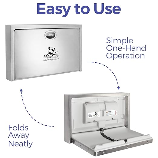Stardrix Panda Care Stainless Steel Surface Mounted Baby Changing Station, Heavy Duty Foldable Diaper Changing Table with Liner Dispenser and Adjustable Safety Belt for Commercial and Business
