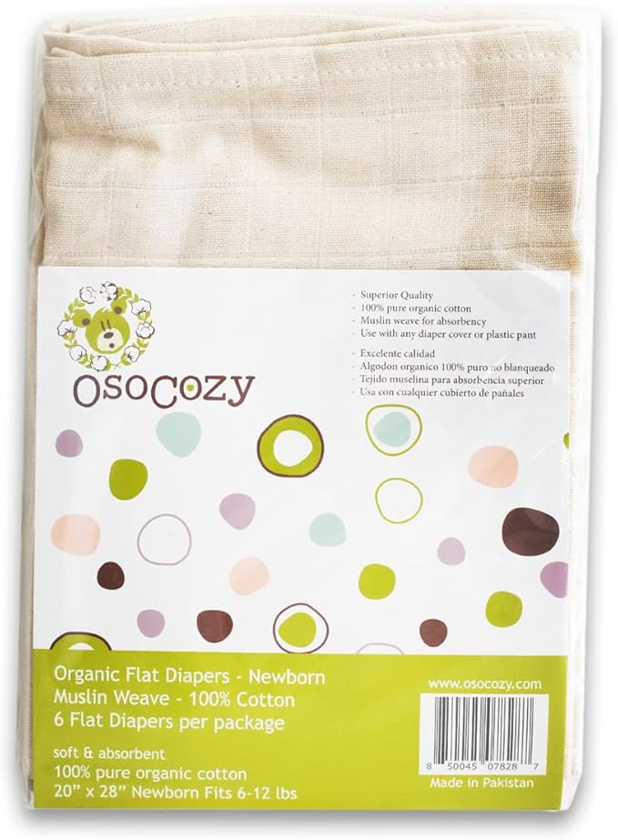 OsoCozy Organic Muslin Flat Cloth Diapers - Made of Ecologically Friendly, Soft, Absorbent, Double Layered 100% Organic Cotton. 6 Pack. Newborn Fits 6-12 Pounds.