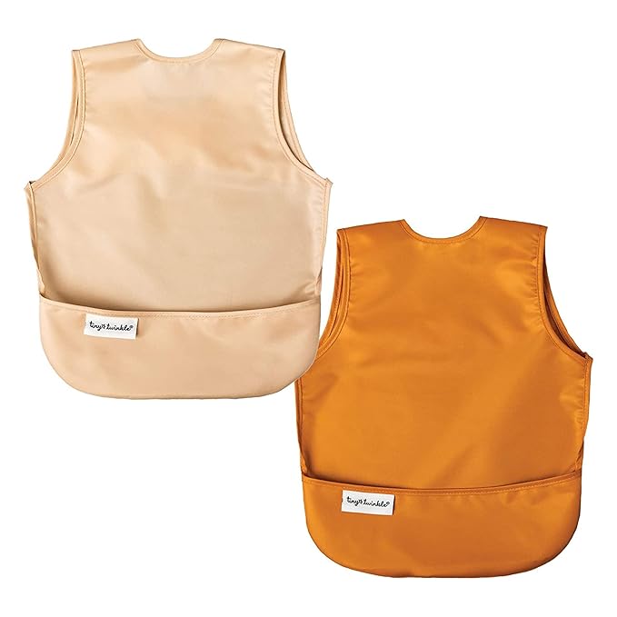 Tiny Twinkle Mess Proof Baby Bibs | 2 Pack Waterproof Toddler Bib for Eating | Baby Apron for Feeding, Machine Washable, Perfect Shower Gift (Sand Cinnamon, 2-4Y)
