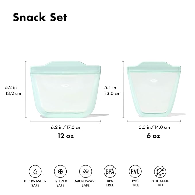 OXO Tot Silicone Reusable Bags – 2 Piece Cup and Snack Set - Opal