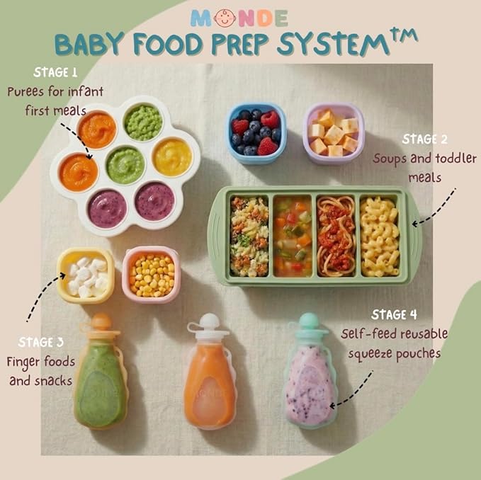 MONDE Baby Food Prep System- Silicone Freezer Tray, Toddler Soup Tray, Food Storage Cups w/Straw, Reusable Baby Food Squeeze Pouches- BPA Free, Food Grade Silicone, Eco-Friendly Food Storage Set