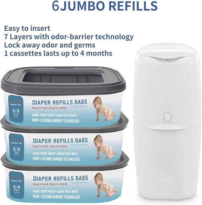 Standard Square Refills Disposal Bags Refill Compatible with Genie Diaper Compact, Select Pails (Not Fit Classic Version Pails), Hold Up to 270 Newborn-Sized Diapers Per Refill, 6 Pack