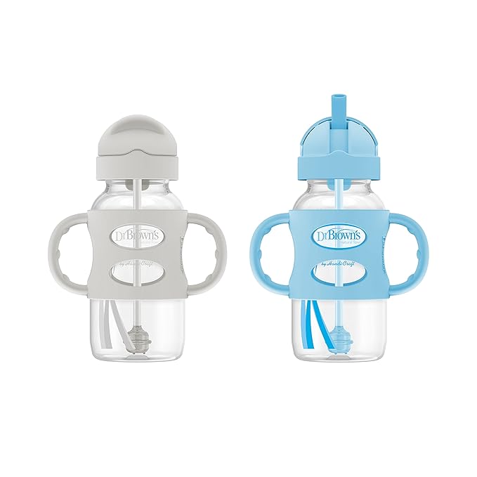 Dr. Brown's Milestones Wide-Neck Sippy Straw Bottle with 100% Silicone Handles, 9oz/270mL, Gray & Blue, 2 Pack, 6m+ & Options+ Wide-Neck Baby Bottle Sippy Spout, 2Count
