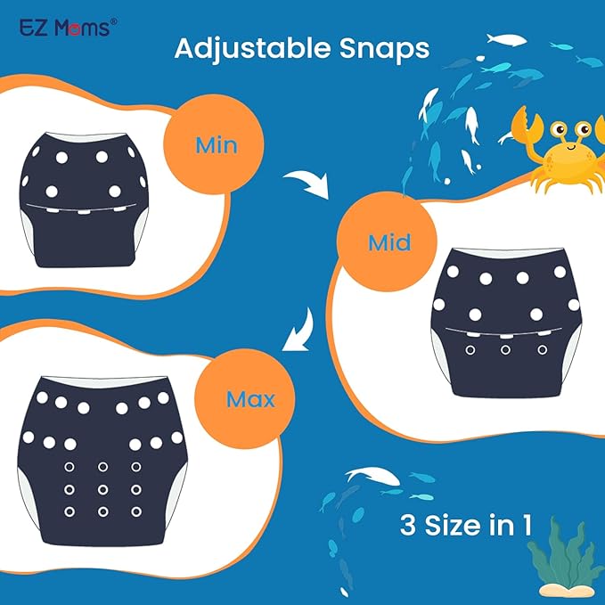 EZ Moms Baby Swim Diapers Reusable 2Pcs Large Size Snap Adjustable Washable One Size Toddler Swim Diaper with a Shammy Towel for Baby Boy Water Diaper Waterproof Swimming Diapers for Swimming Lessons