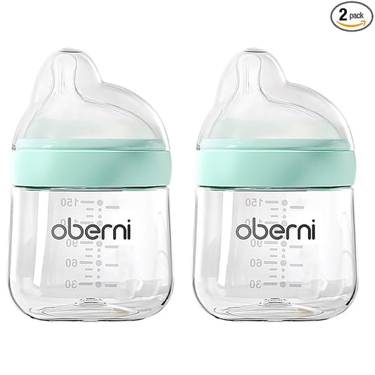 Oberni Baby Bottles with Slow Off-Centered Nipple for 0+ Months, Anti Colic Newborn Milk Feeding Bottle, 150ml/5oz/Blue/2Pack