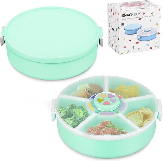 JOOPETALK Kids' Rotating Snack Container Set – 2-Pack, Includes 1 Rotating Snack Container & 1 Round Sectioned Snack Box, BPA-Free, Dishwasher Safe, Perfect for Travel-Green