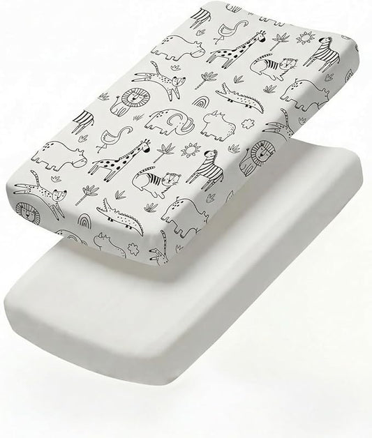 Changing Pad Cover - Pack of 2 Soft Unisex Diaper Change Microfiber Table Sheets - Fits 32"x16" Contoured Pad - Changing Pad Cover for Baby Boys & Girls - Snug, Machine Washable - Oeko-Tex, Zoo Sketch