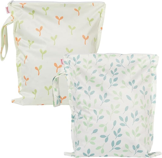 HECCEI Wet Dry Bag, 2-Pack Reusable Waterproof Wet Bags for Swimsuits & Baby Clothes, Leakproof Cloth Diaper Wet Bags for Travel & Diaper Changes (Little Sprouts)