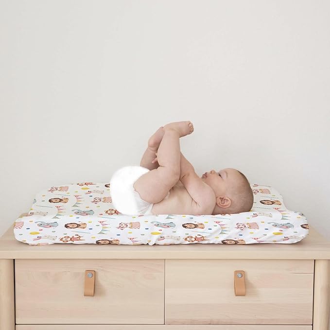 Watercolor Circus Animals Changing Pad Covers Cute Monkey Elephant Rabbit Pig Unisex Diaper Change Table Sheets for Boys Girls Soft Breathable Stretch Changing Mat Sheets Cover 32''x16''