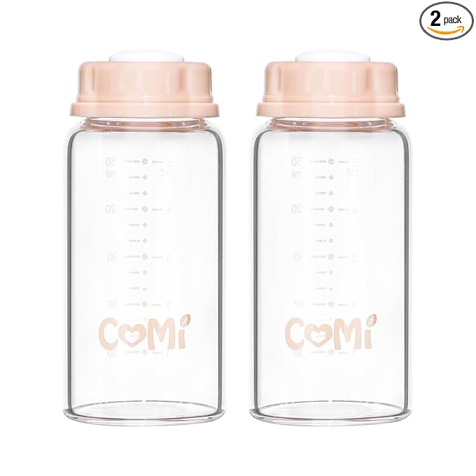 COMI Natural Glass Baby Bottle,Standard Neck Breastmilk Storage Bottle for Fridge,Breast Milk Container,Breast Pump Bottle Compatible with Medela Breast Pump,BPA Free,2PCS (5oz,2 Pink Lids)