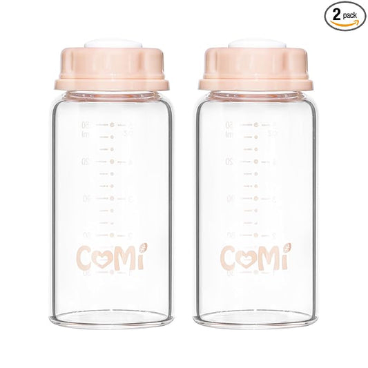 COMI Natural Glass Baby Bottle,Standard Neck Breastmilk Storage Bottle for Fridge,Breast Milk Container,Breast Pump Bottle Compatible with Medela Breast Pump,BPA Free,2PCS (5oz,2 Pink Lids)