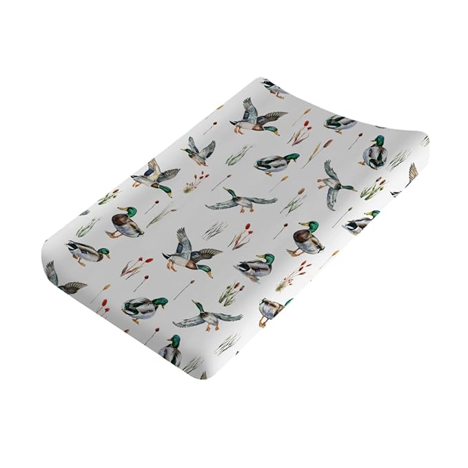 Watercolor Mallard Duck Hunting Changing Pad Covers Baby Duck Hunting Nursery Decor Diaper Change Pad Sheets for Boys Girls Wild Duck Leaves Soft Breathable Stretchy Changing Sheets Mats 32''x16''