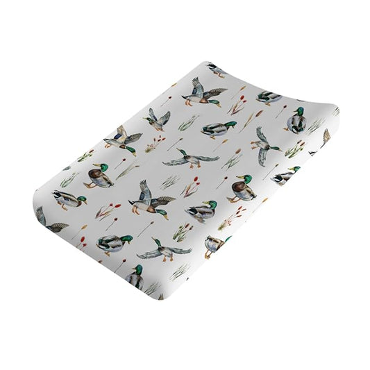 Watercolor Mallard Duck Hunting Changing Pad Covers Baby Duck Hunting Nursery Decor Diaper Change Pad Sheets for Boys Girls Wild Duck Leaves Soft Breathable Stretchy Changing Sheets Mats 32''x16''