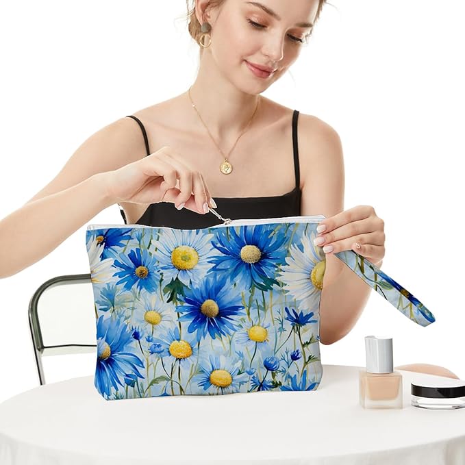 Fokongna Floral Print Wet Bag, Small Portable Waterproof Multi-Functional Organizer for Women, Blue Yellow Daisy, Ideal for Daily, Beach & Travel