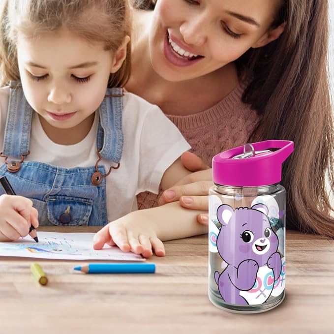 LOGOVISION Care Bears Kids Tritan Plastic Water Bottle with Straw Lid and Handle, Reusable Tumbler for Toddlers, Unisex for Girls and Boys, 12oz, Share Bear Belly Pattern