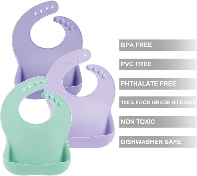 PandaEar 3 Pack Silicone Bibs for Boys Girls for Babies & Toddlers, Waterproof Feeding Bib with Large Food Catcher, BPA Free
