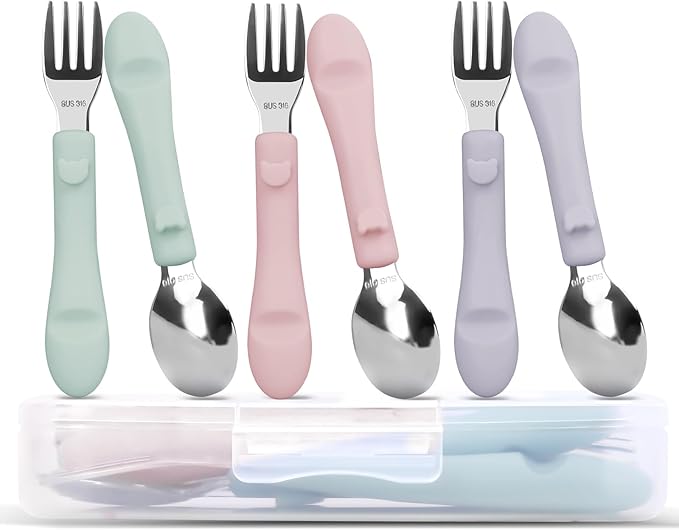 Bakpoco 6PCS Toddler Utensils, 316 Stainless Steel Baby Safe Forks + Spoons with Silicone Handle, BPA Free Dishwasher Safe Kids Silverware Cutlery with Box, Sage/Blush/Lilac