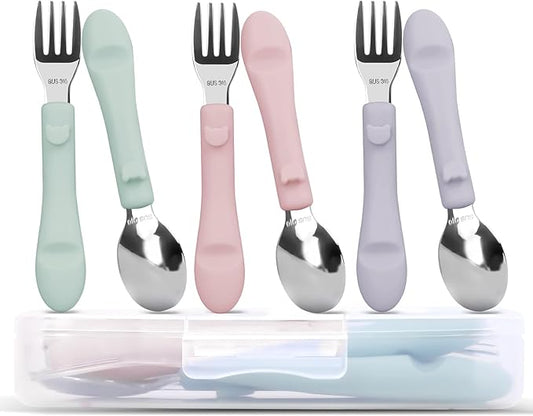 Bakpoco 6PCS Toddler Utensils, 316 Stainless Steel Baby Safe Forks + Spoons with Silicone Handle, BPA Free Dishwasher Safe Kids Silverware Cutlery with Box, Sage/Blush/Lilac