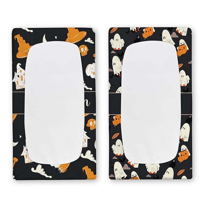 KAINSY Personalized Halloween Black Ghost Pumpkin Print Changing Pad Cover, Custom Diaper Change Table Sheets with Name, Soft Jersey Knit Change Table Sheets, 2 Pack Changing Pad Covers (16" x 32")