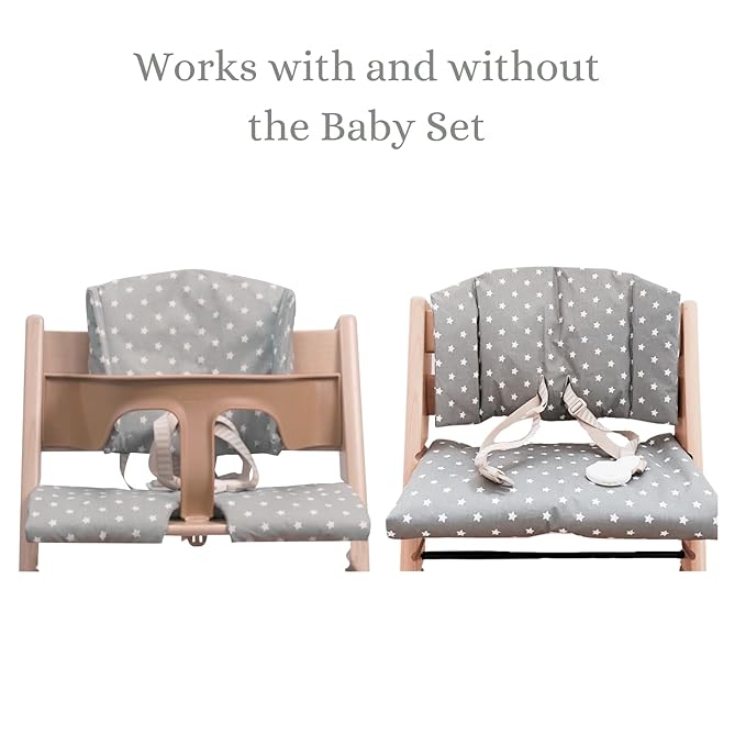 Highchair Cushion for Stokke Tripp Trapp High Chair - Wipe Clean High Chair Pad for Tripp Trapp Highchair - Tripp Trapp Cushion Suitable for use with Baby Set and Harness (Grey with White Stars)