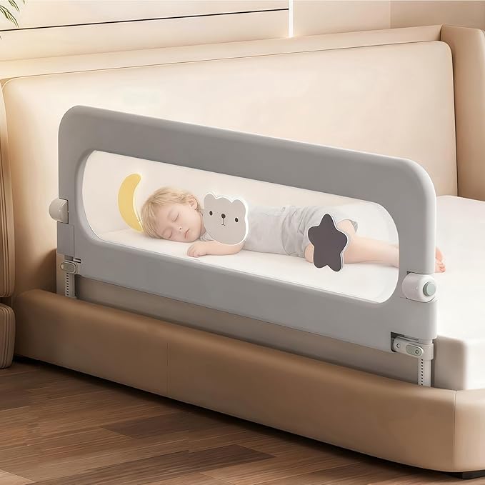 Bed Rail for Toddlers, Foldable Baby Bed Rail Guard, Adjustable, Safety, Convenient, Guard Rails with Twin, Full, Queen& King Size (Gray Cartoon, 1 Side:59inch)