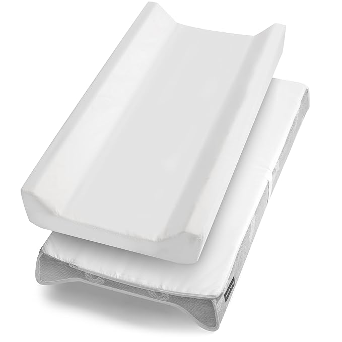Contoured Baby Changing Pad w/Waterproof Foam Mattress, Includes 2 Soft, Removable & Washable Covers, Safety Straps, Non-Slip Bottom, Topper for Standard Size Infant Diaper Table & Dresser