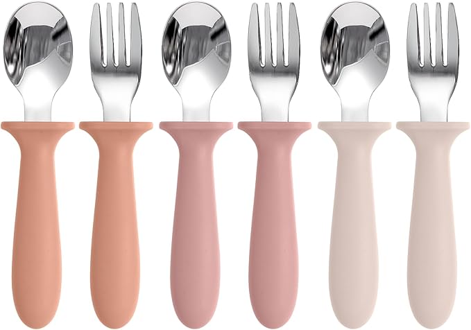Eascrozn Toddler Spoons and Forks Set, 6 Pack Kids Silverware with Silicone Handle, BPA Free, 18/8 Stainless Steel Children Safe Toddler Utensils, Dishwasher Safe