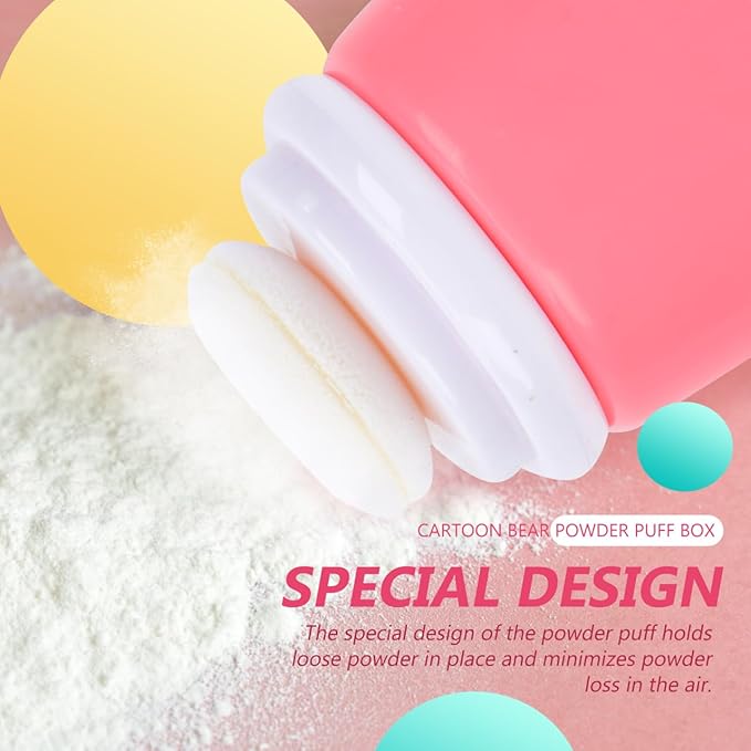 FOMIYES Cartoon Bears Baby Powders Puff Box, Pink Large-Capacity Powder Container with Sponge Puff, Safe and Gentle Design for Baby'S Skin, Portable for Home and Travel Use