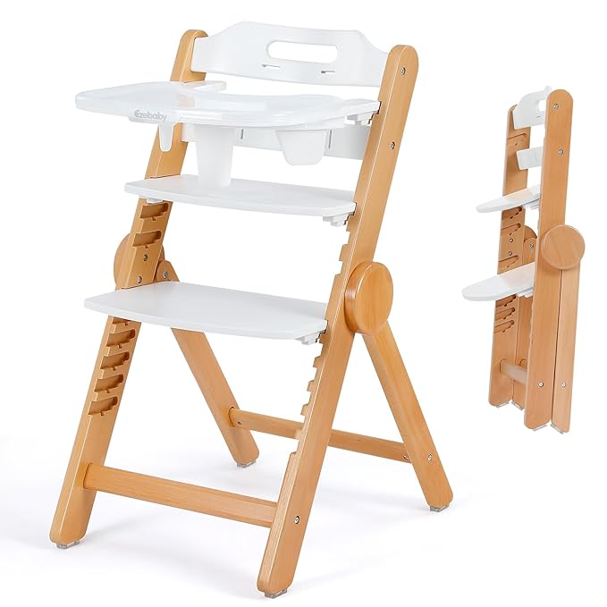 Ezebaby Wooden High Chair for Babies and Toddlers, Foldable High Chair with Adjustable Seat Height and Footrest, Grows with Your Child, Cushion and Large Double Layer Tray(White)