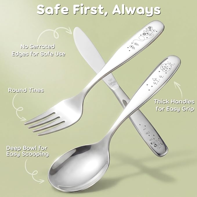 Lehoo Castle Toddler Silverware 6-Piece | Toddler Utensils for 3 Year Old, Kids Spoons and Forks Knife Set, Children Safe Flatware for Self Feeding (Insect)