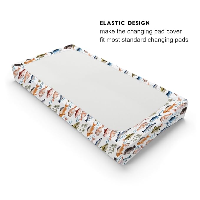 Watercolor Fish Baby Changing Pad Covers for Boy Girl 32''x16'' Freshwater Fishes Fitted Diaper Changing Table Pad Sheets Fishing Lovers Gift Comfort Soft Breathable Nursery Baby Changing Table Mats