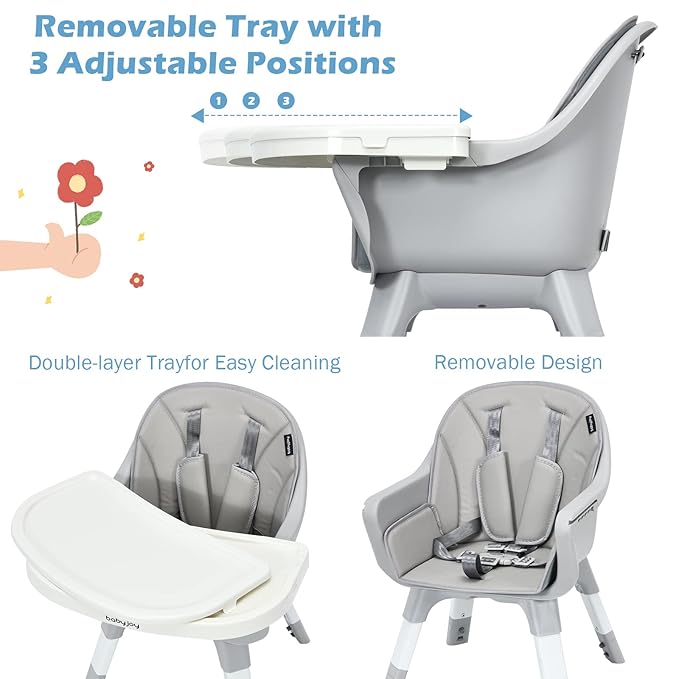 BABY JOY 7 in 1 Baby High Chair, Convertible High Chairs for Babies and Toddlers, Building Block Table, Toddler Chair with Adjustable Legs, Removable Tray, Storage Basket, Safety Harness (Gray)