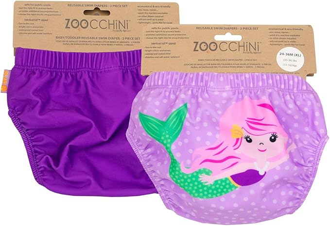 ZOOCCHINI Baby & Toddler Pack of 2 Reusable Swim Diapers – Waterproof with UPF 50+ Sun Protection, Chlorine & Salt Water Resistant, Leakproof Design, Mermaid - 24-36 Months