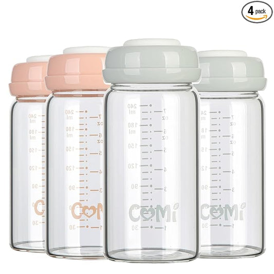 COMI Wide Neck Glass Breastmilk Collection n Storage Bottle, 4 Packs, 8oz with Screw Ring Sealing Disk; Re-markable Sealing Disc. BPA Free, Fits Breast Pumps & Nipples (2 Gray Lids + 2 Pink Lids)